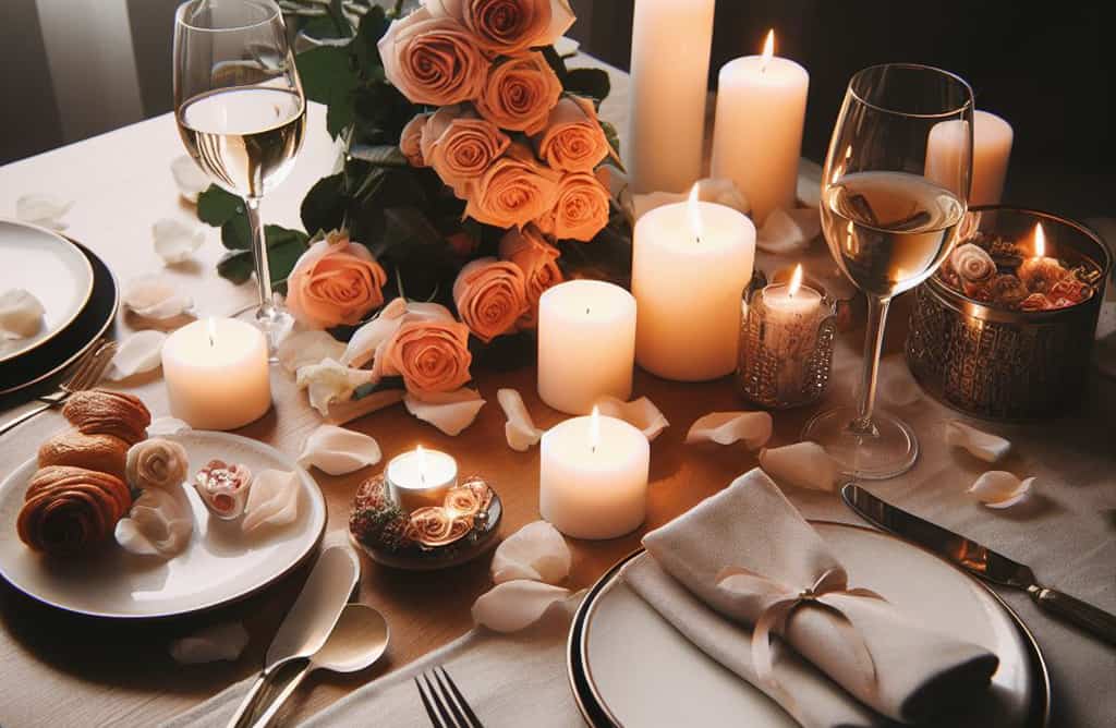 Schön gedeckter Tisch mit rosa Rosen und edlem Porzellan für ein romantisches Candle-Light Dinner