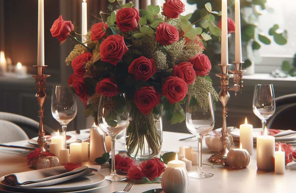 Schön gedeckter Tisch mit einem großen Strauß rote Rosen und edlem Porzellan für ein romantisches Candle-Light Dinner